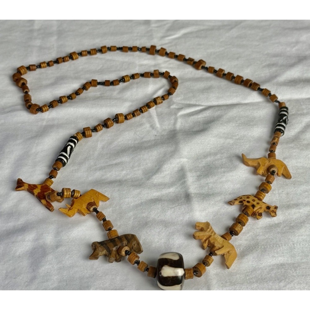 Vintage African Maasai Safari Necklace Hand Carved Wooden Animal Beaded